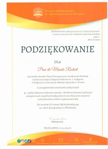 Podziękowania za organizację warsztatów dla uczniów szkół średnich. Kliknij, aby powiększyć zdjęcie.